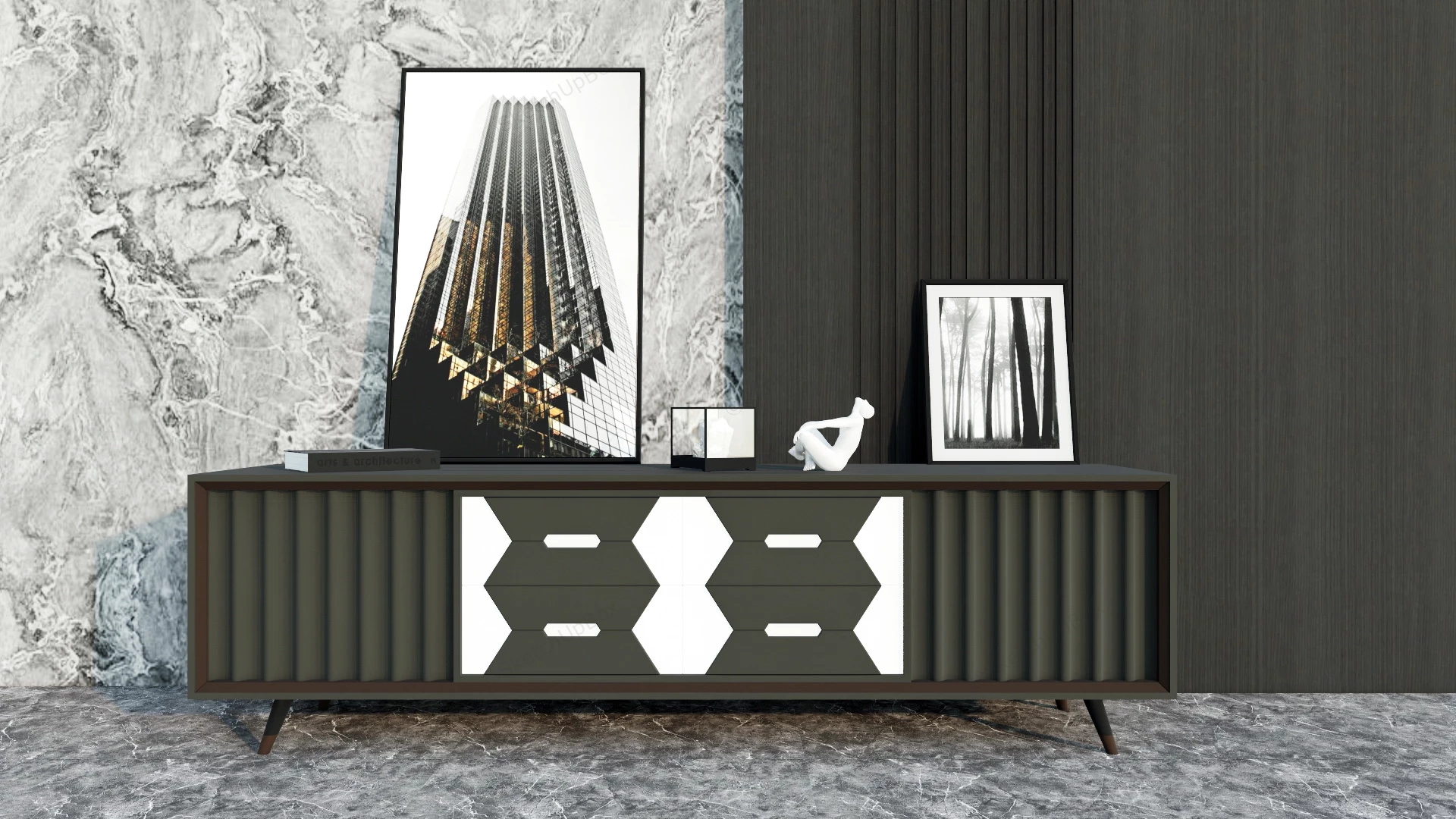 Black And White Tv Stand Accent Wall sketchup model preview - SketchupBox