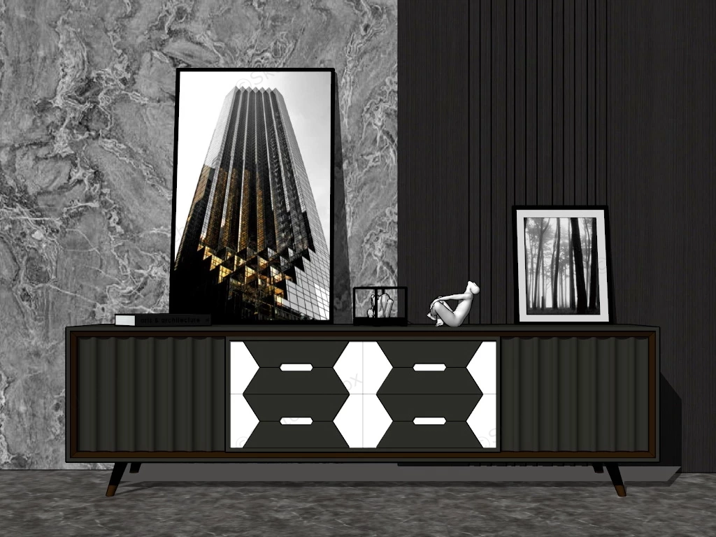 Black And White Tv Stand Accent Wall sketchup model preview - SketchupBox