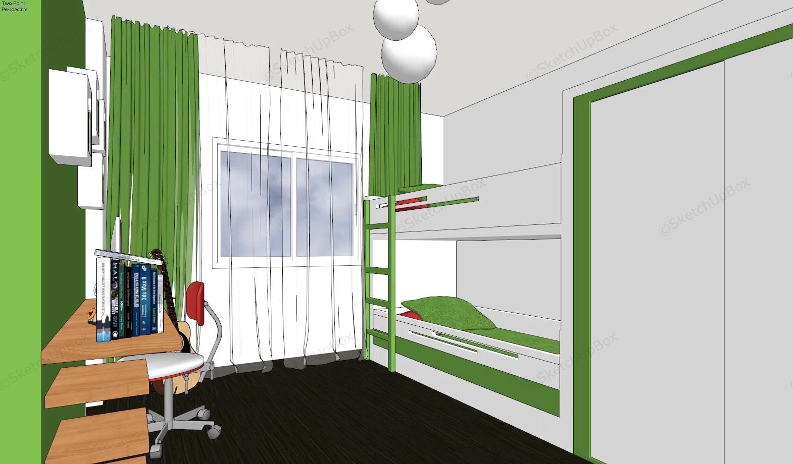 Green And White Kids Room With Bunk Bed sketchup model preview - SketchupBox