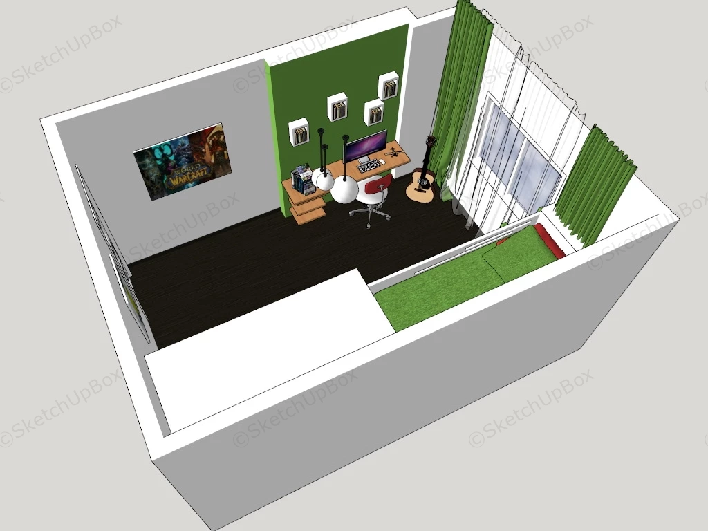 Green And White Kids Room With Bunk Bed sketchup model preview - SketchupBox