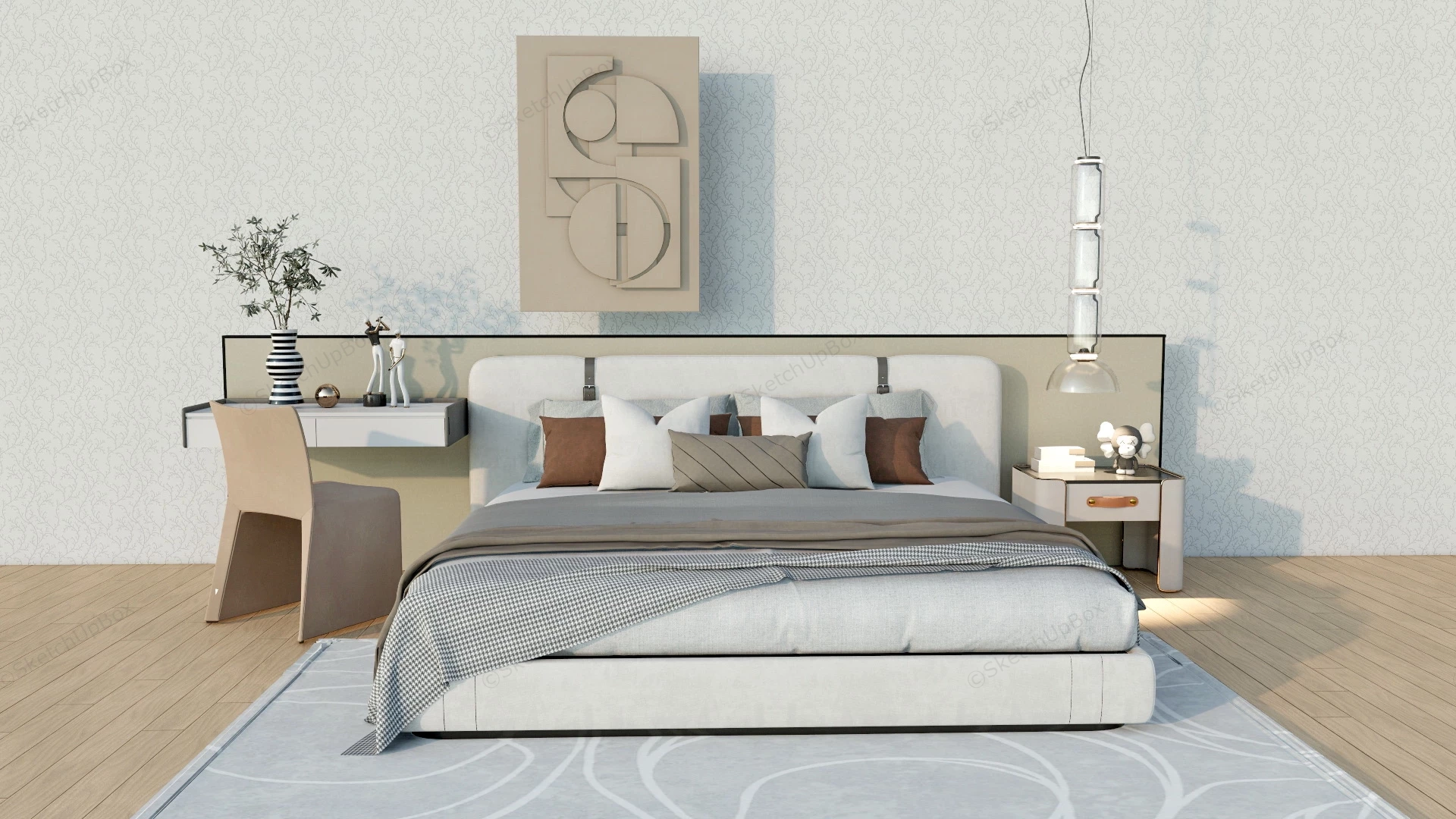 Modern Bed With Headboard And Table sketchup model preview - SketchupBox