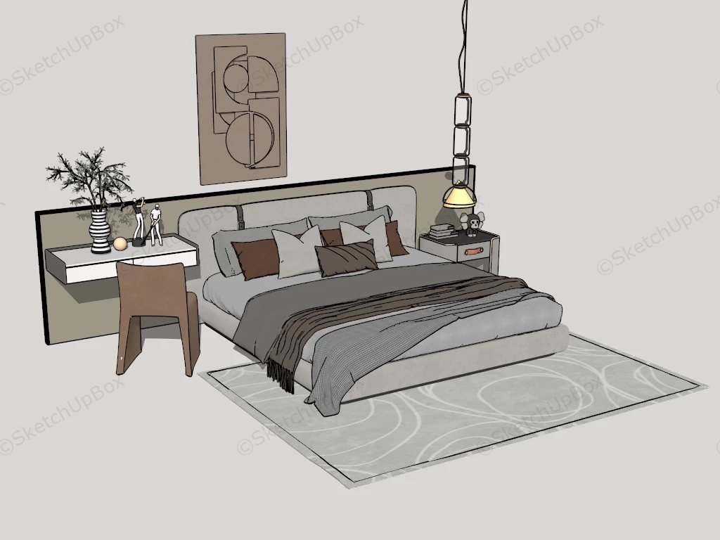 Modern Bed With Headboard And Table sketchup model preview - SketchupBox