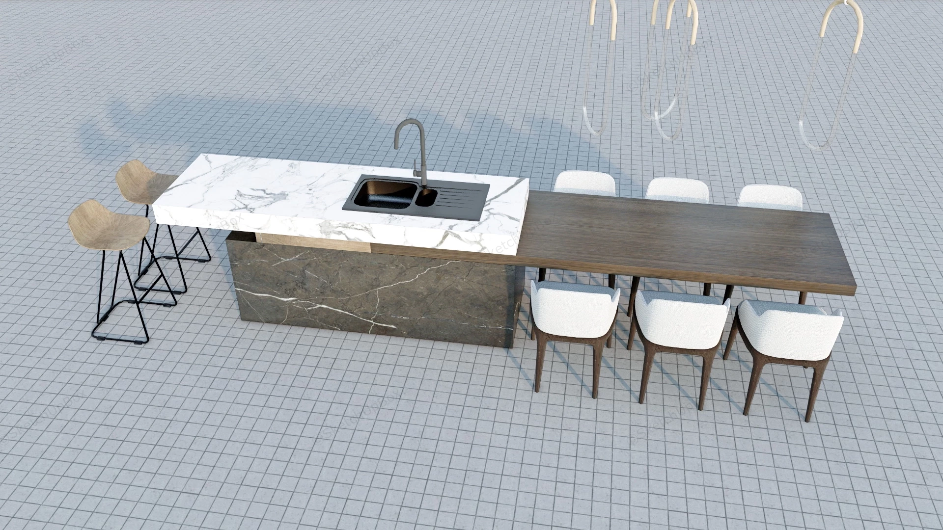 Wood And Marble Kitchen Island And Bar sketchup model preview - SketchupBox