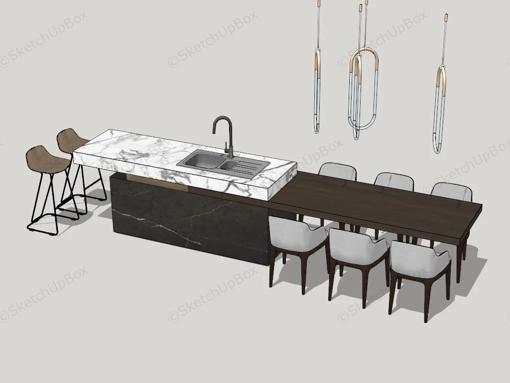 Wood And Marble Kitchen Island And Bar sketchup model preview - SketchupBox