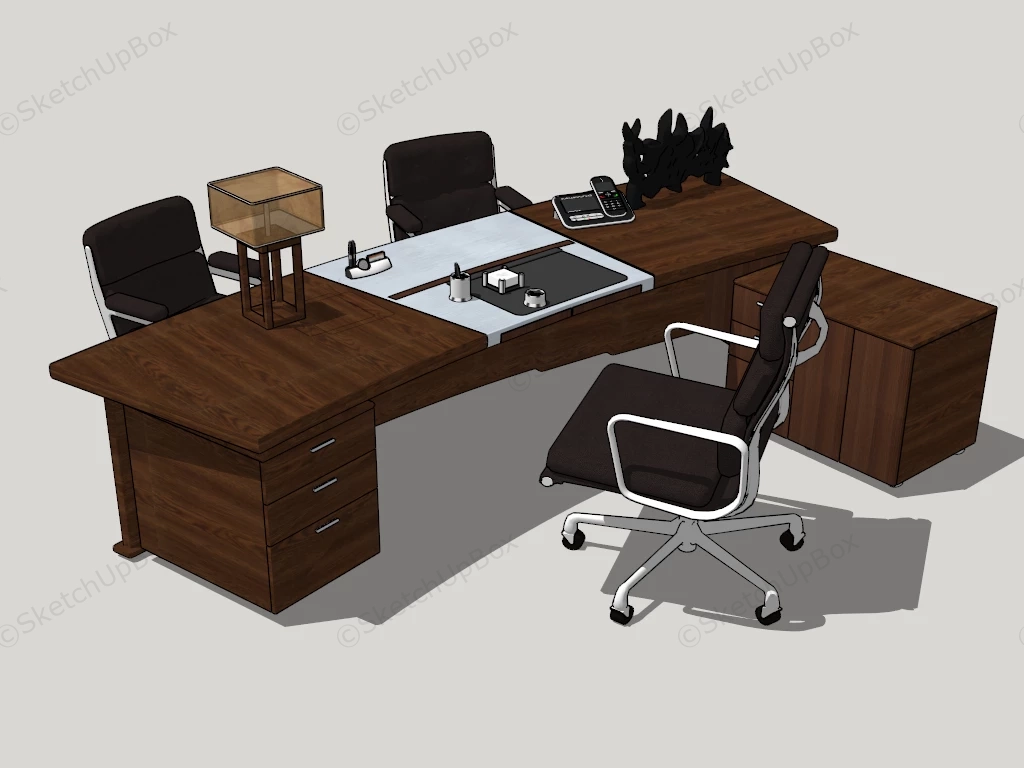 Curved Wood Executive Desk And Chairs sketchup model preview - SketchupBox