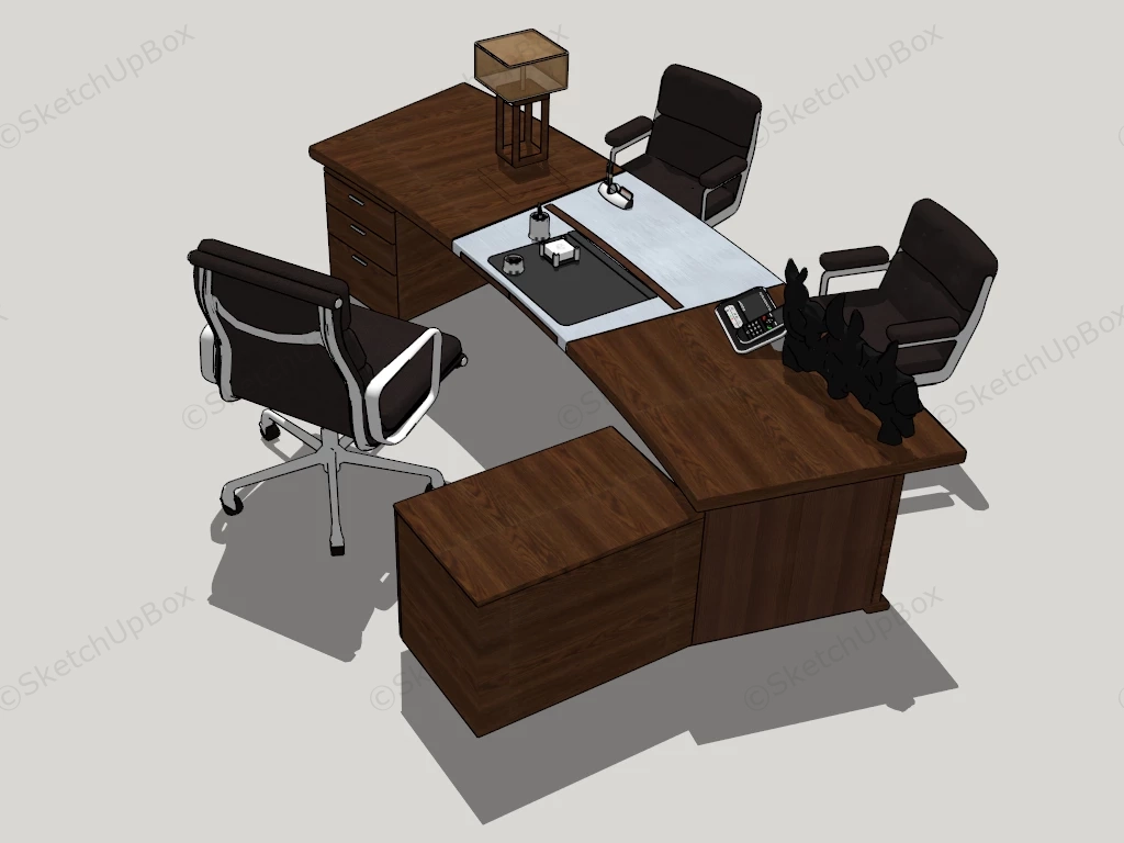 Curved Wood Executive Desk And Chairs sketchup model preview - SketchupBox