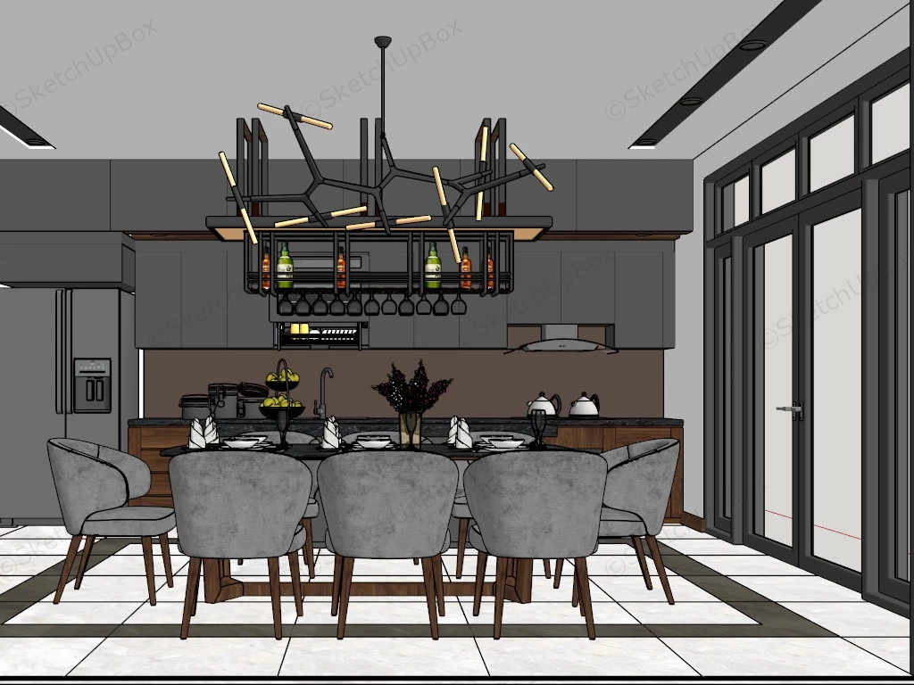 Dark Kitchen With Dining Set Comb sketchup model preview - SketchupBox