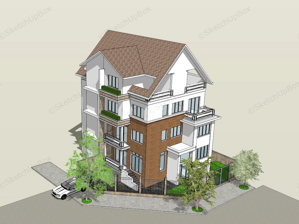 Red Brick 4 Storey House sketchup model preview - SketchupBox