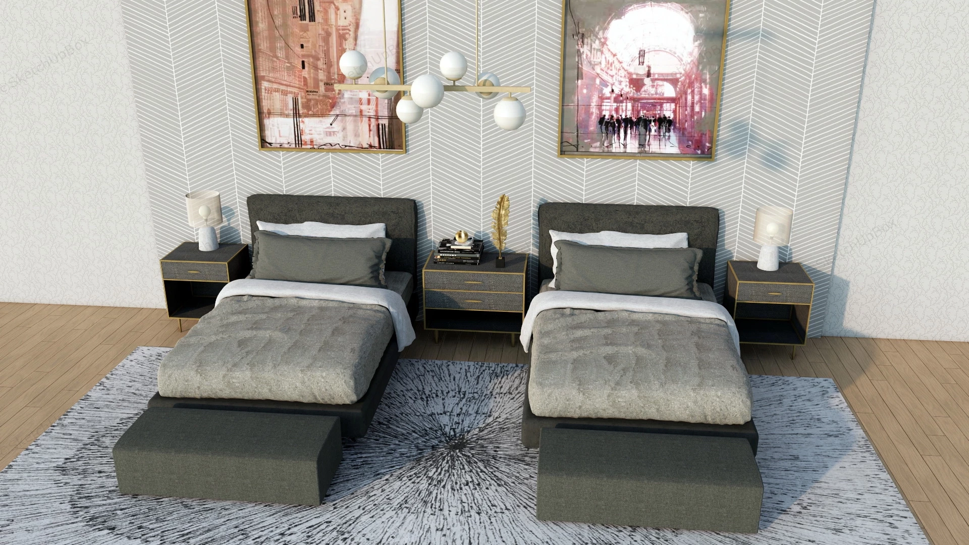 Twin Bed Hotel Room sketchup model preview - SketchupBox