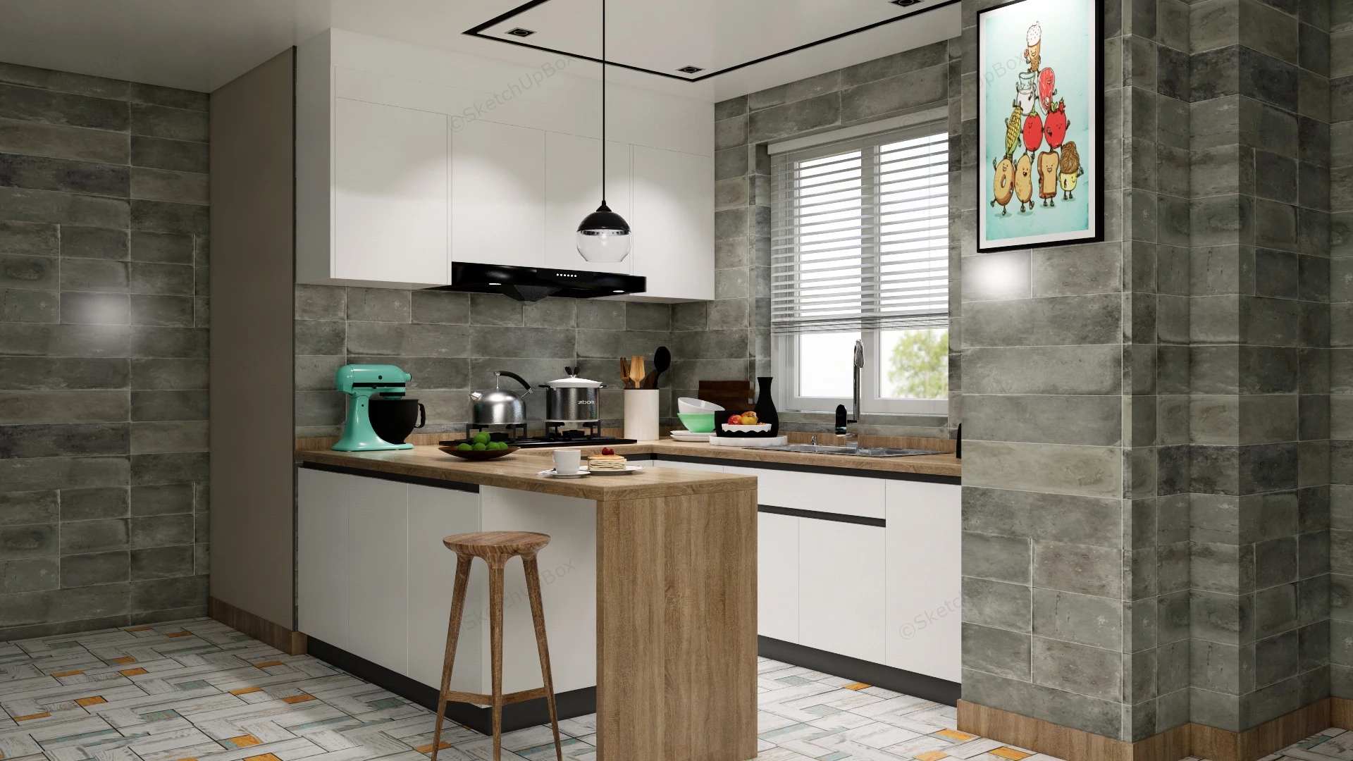 Small Kitchen With Breakfast Bar sketchup model preview - SketchupBox