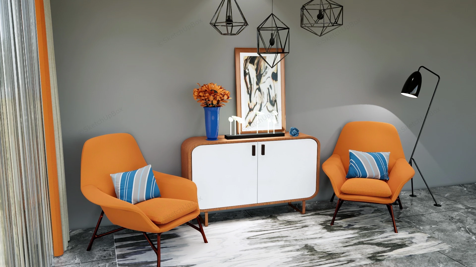 Bright Orange Accent Chairs And Sideboard sketchup model preview - SketchupBox