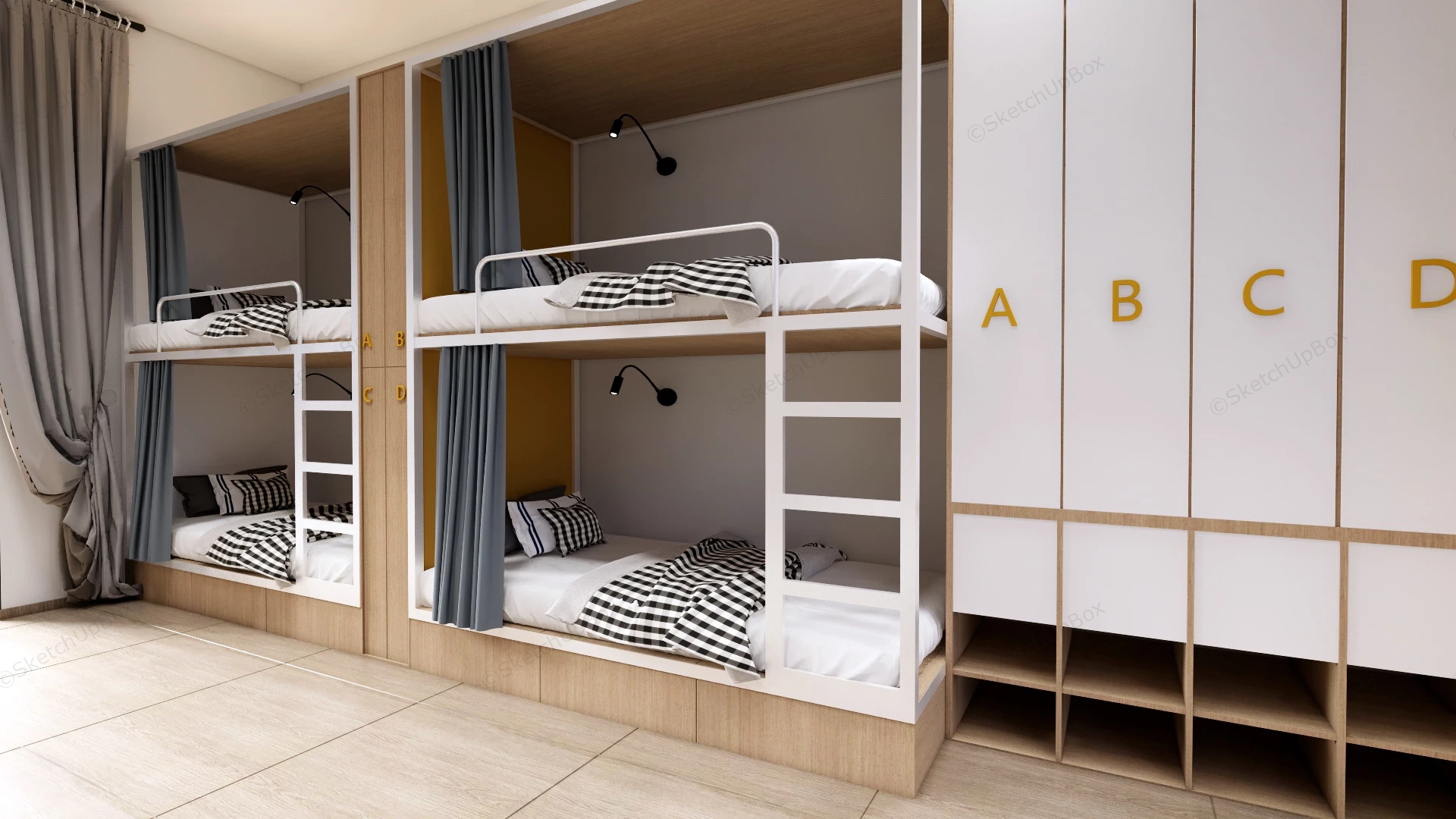 4 Bed Dormitory Room Design sketchup model preview - SketchupBox