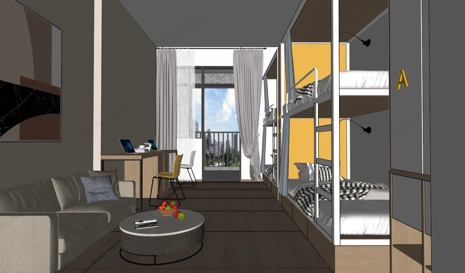 4 Bed Dormitory Room Design sketchup model preview - SketchupBox