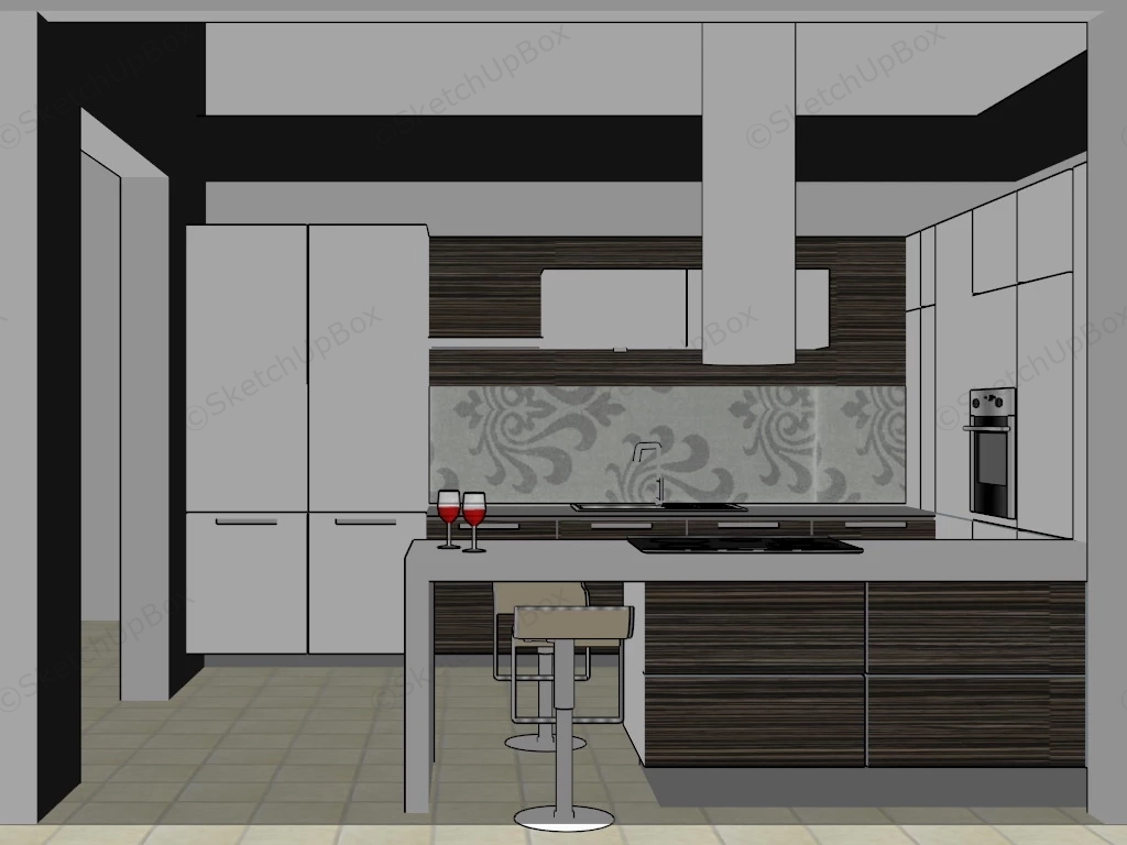 Small One Wall Kitchen With Island sketchup model preview - SketchupBox