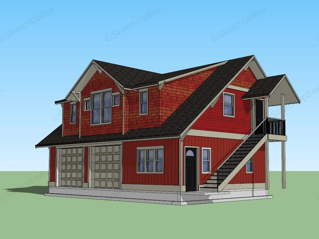 Red Small House With Garage sketchup model preview - SketchupBox