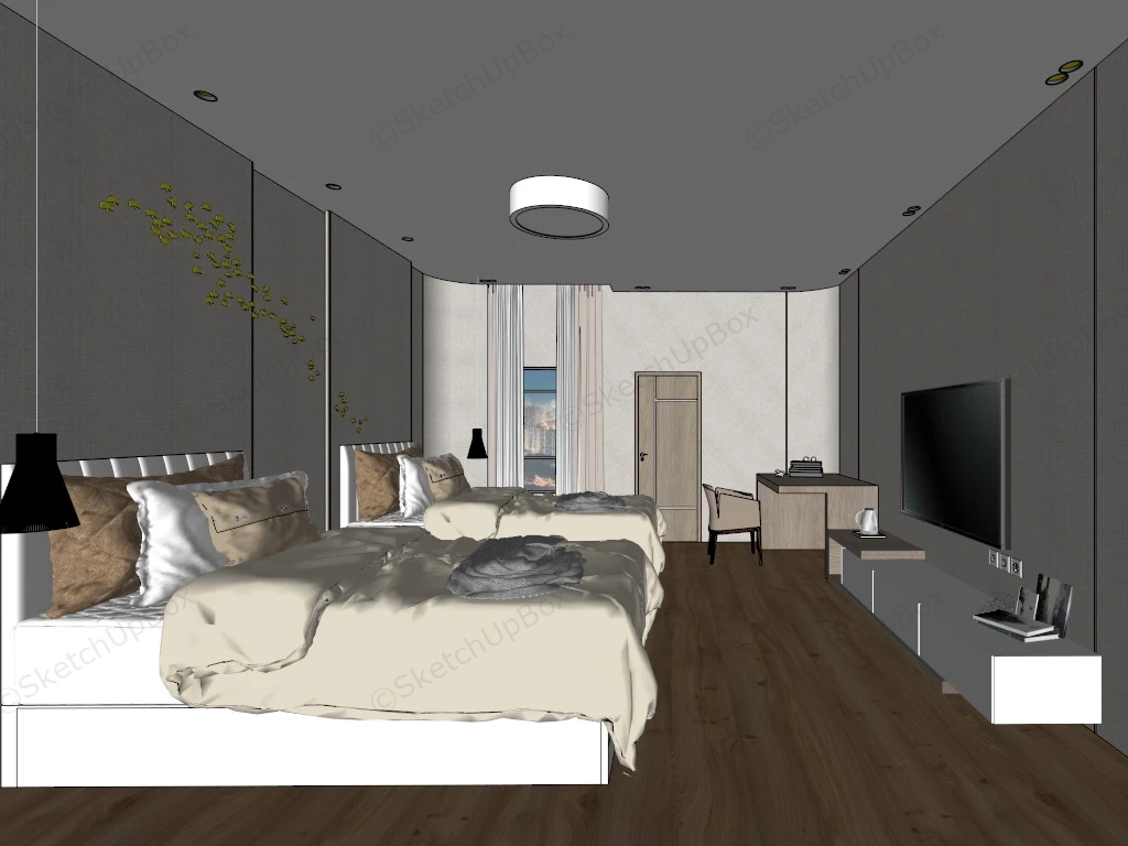 Twin Bed Hotel Room sketchup model preview - SketchupBox