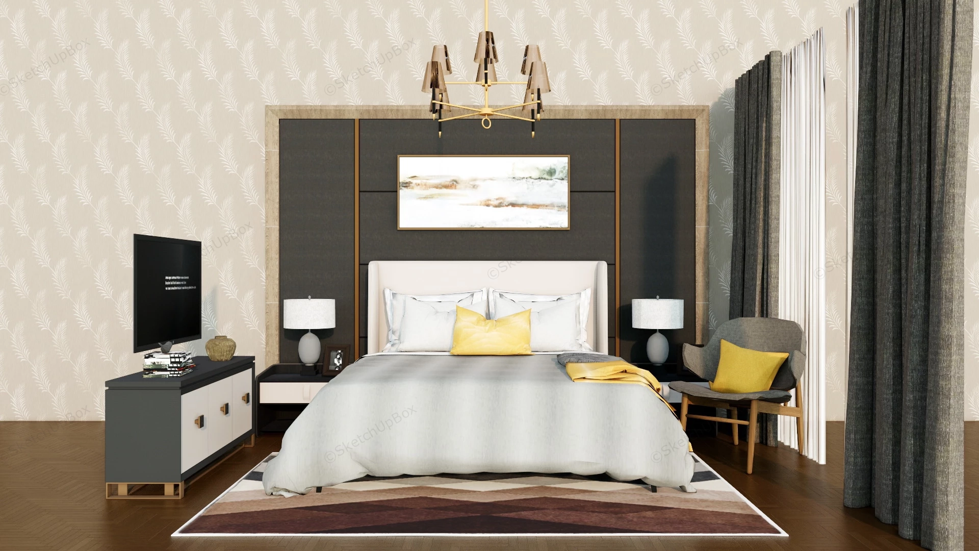 Dark Grey Bedroom With Accent Wall sketchup model preview - SketchupBox