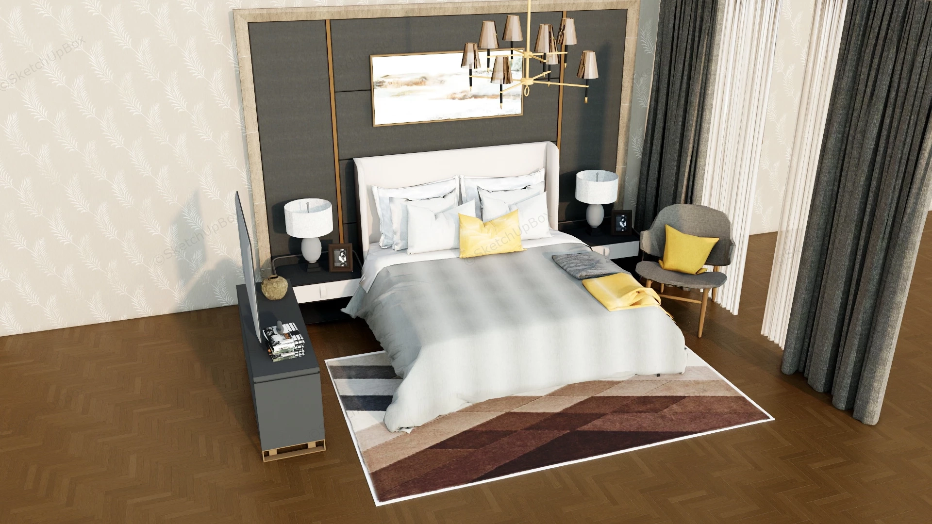 Dark Grey Bedroom With Accent Wall sketchup model preview - SketchupBox