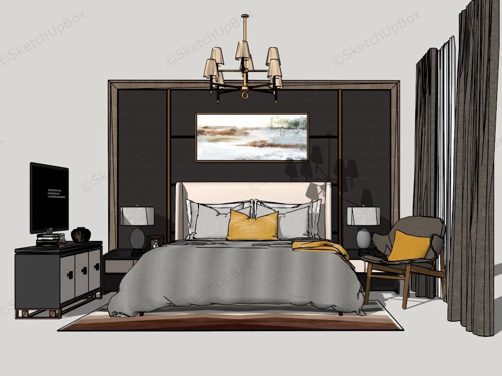 Dark Grey Bedroom With Accent Wall sketchup model preview - SketchupBox