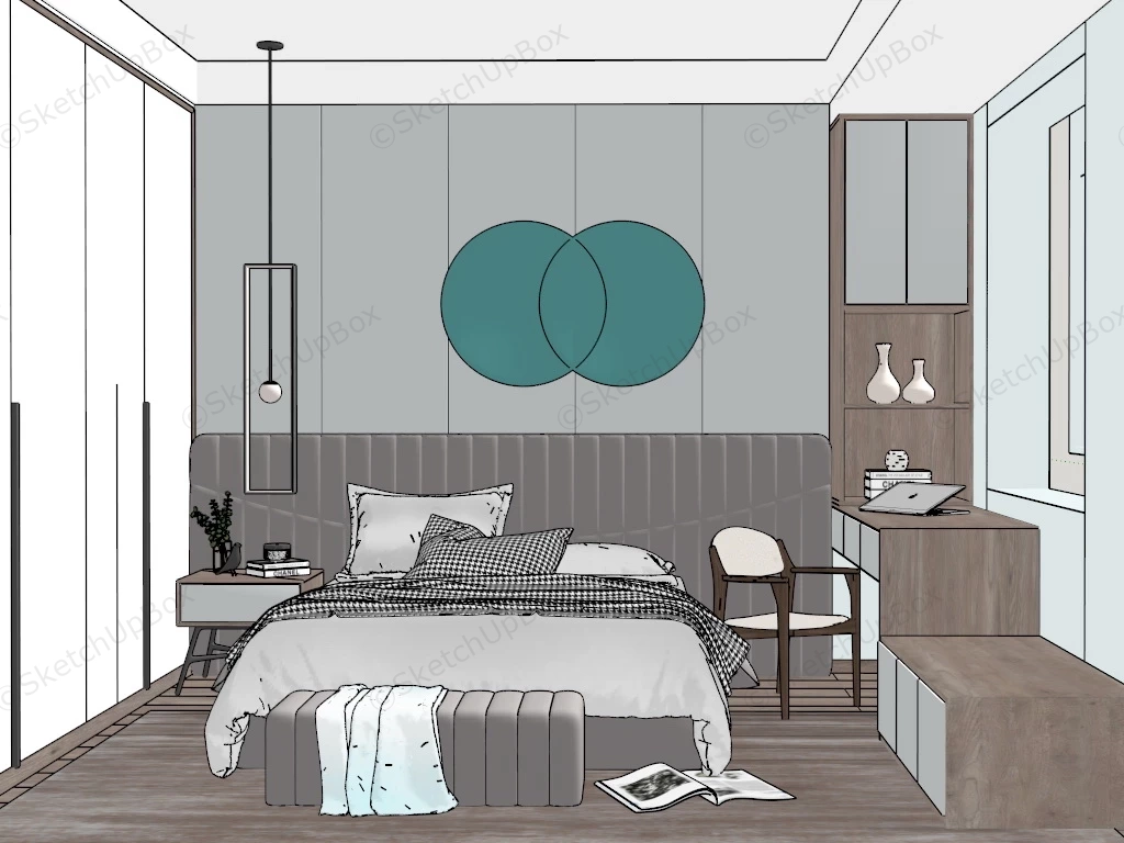 Modern Bedroom Idea With Working Area sketchup model preview - SketchupBox