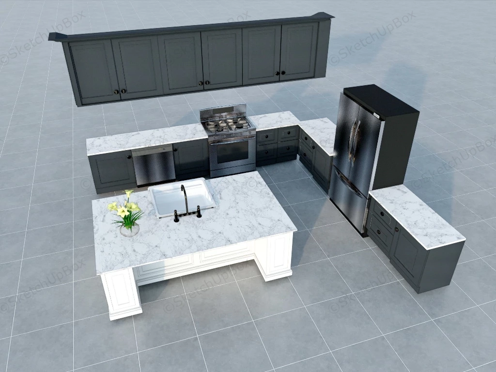 Black And White Kitchen Cabinet And Island sketchup model preview - SketchupBox