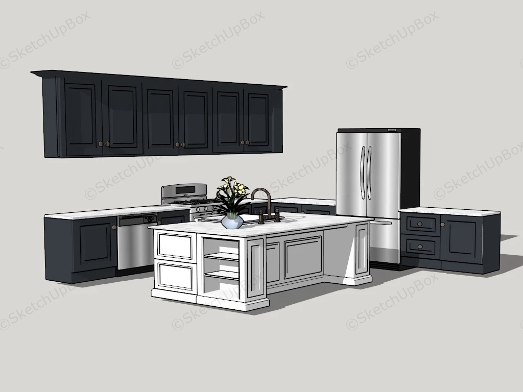 Black And White Kitchen Cabinet And Island sketchup model preview - SketchupBox