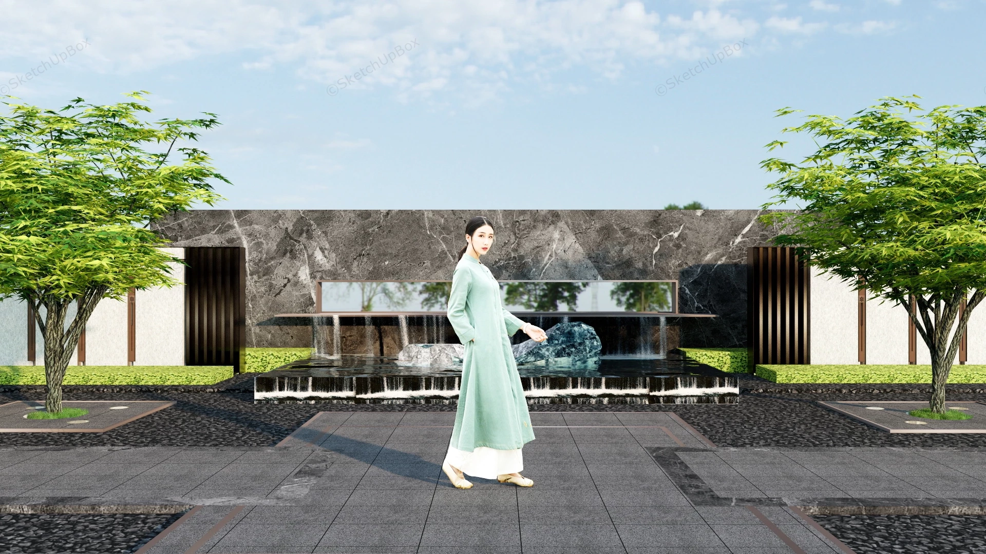 Chinese Style Garden Wall Waterfall sketchup model preview - SketchupBox