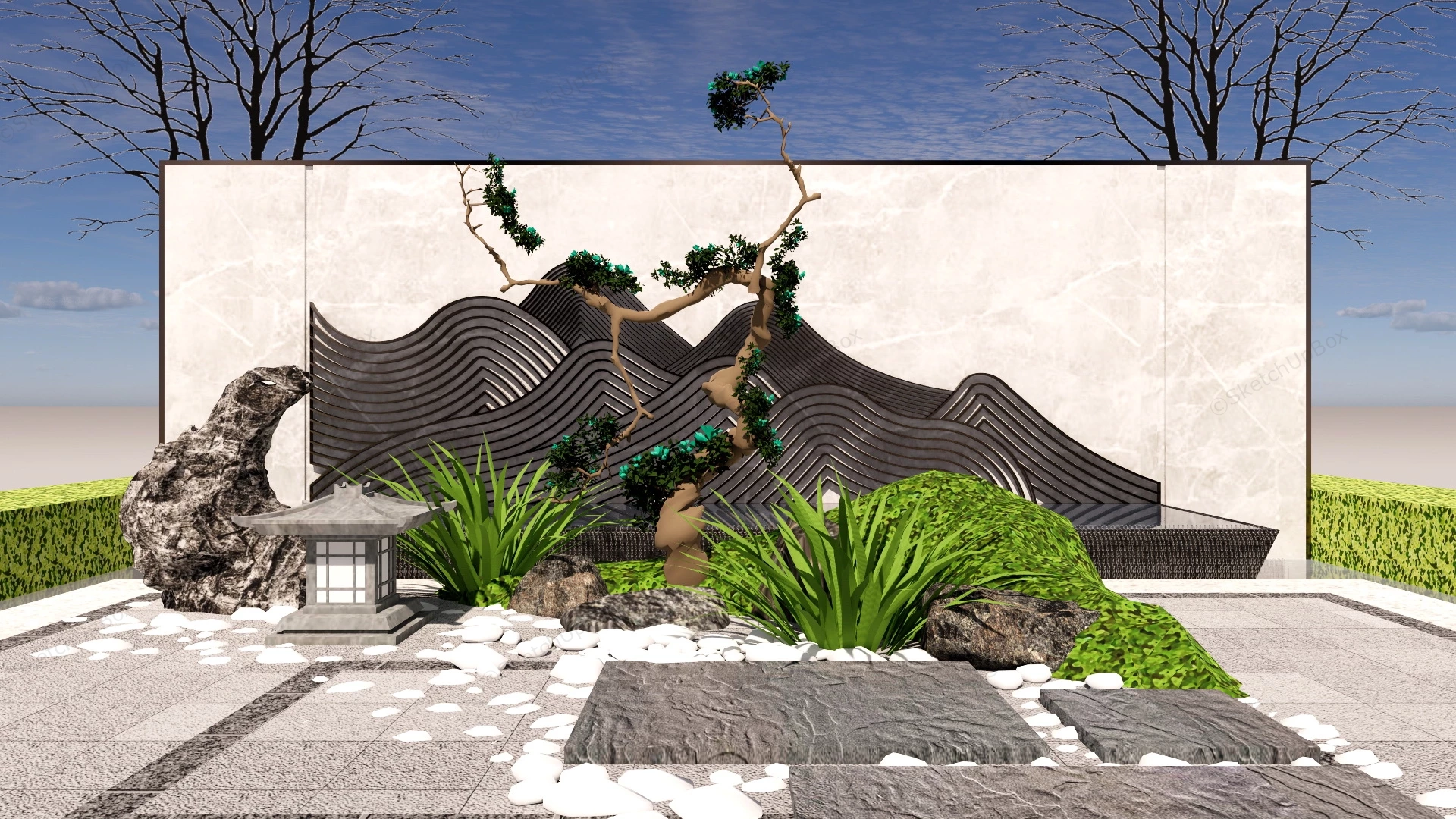 Chinese Garden Landscaping Feature Wall sketchup model preview - SketchupBox