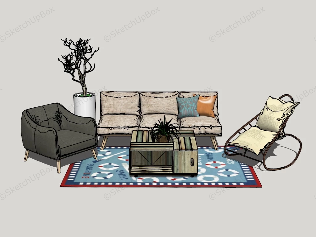 Rustic Living Room Furniture Set sketchup model preview - SketchupBox