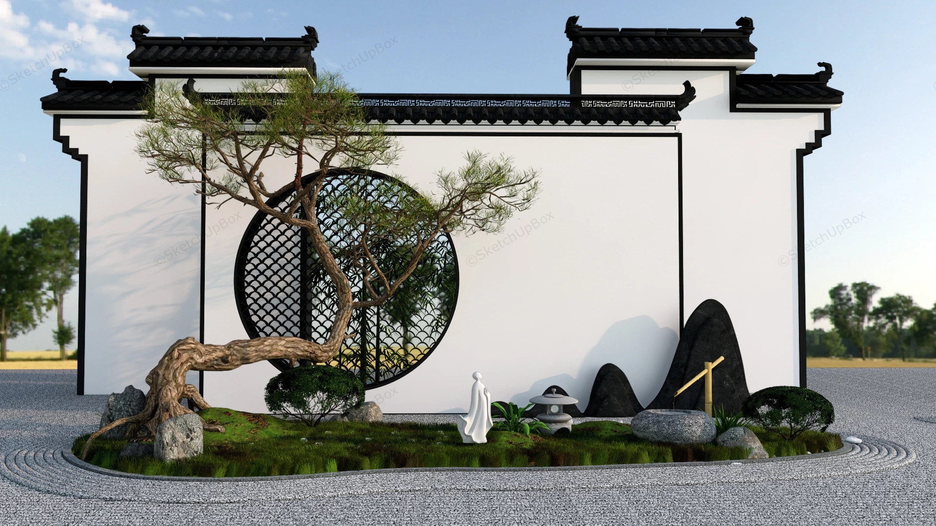 Chinese Zen Garden Feature Wall sketchup model preview - SketchupBox