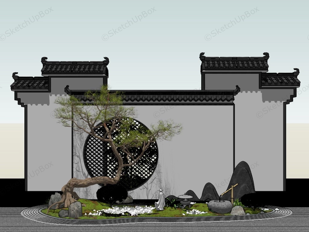 Chinese Zen Garden Feature Wall sketchup model preview - SketchupBox