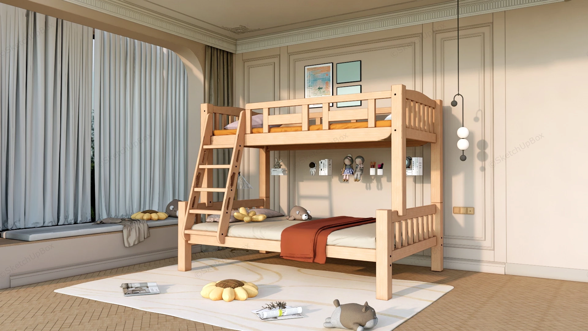 Twin Over Full Bunk Bed With Stairs sketchup model preview - SketchupBox