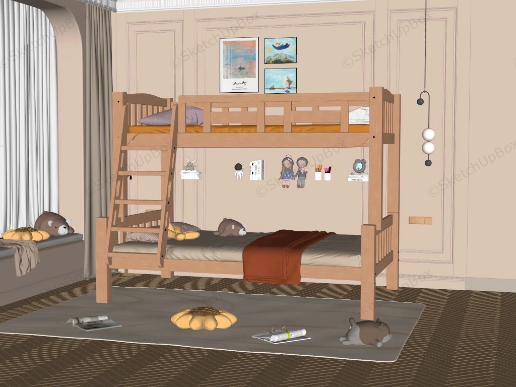 Twin Over Full Bunk Bed With Stairs sketchup model preview - SketchupBox