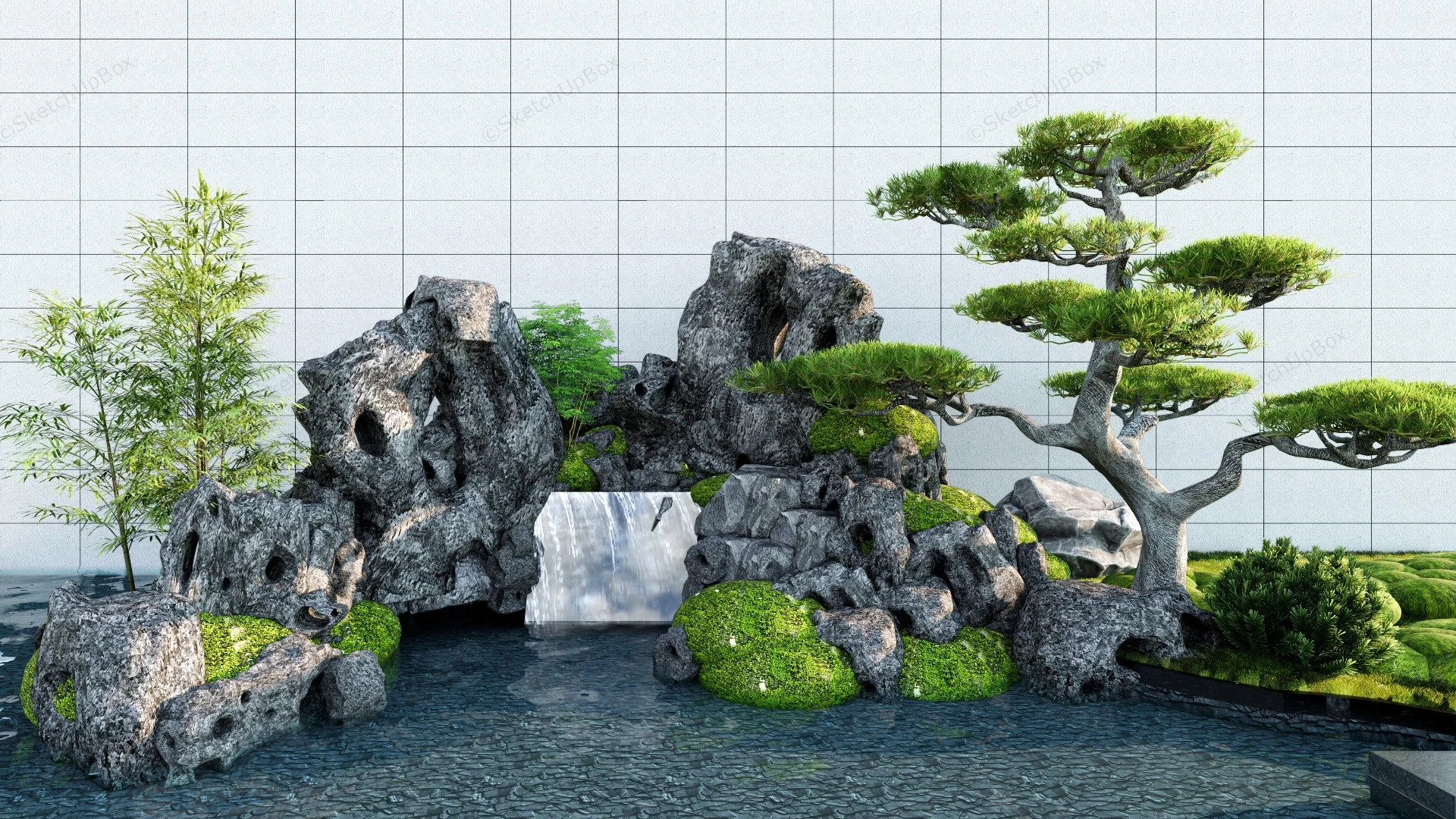 Rock Garden Pond With Waterfall sketchup model preview - SketchupBox