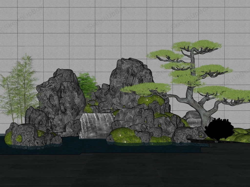 Rock Garden Pond With Waterfall sketchup model preview - SketchupBox