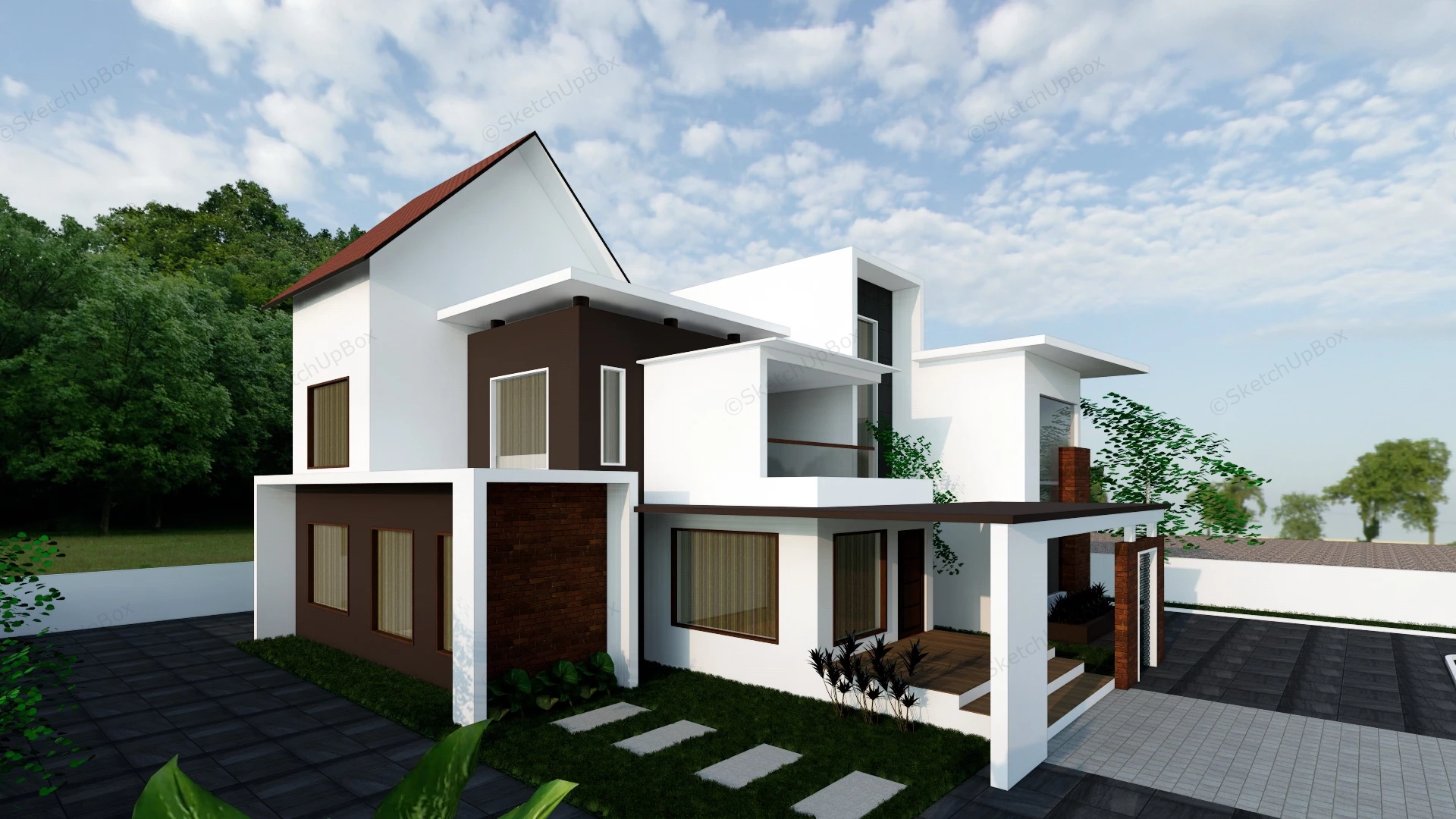 Modern House With Yard sketchup model preview - SketchupBox