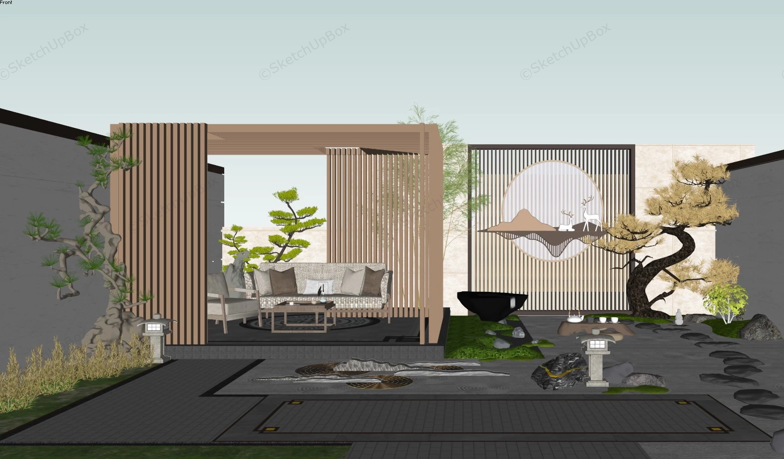 Backyard Zen Garden With Pergola sketchup model preview - SketchupBox