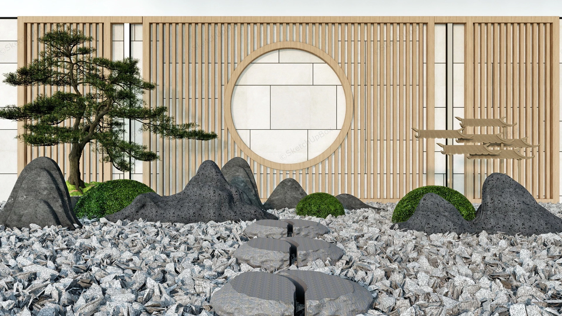 Rock Zen Garden With Wall Design sketchup model preview - SketchupBox