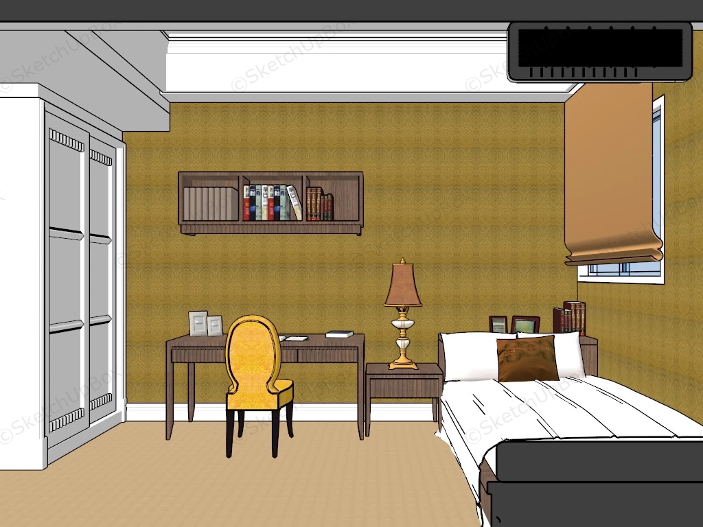 Single Bedroom With Writing Desk sketchup model preview - SketchupBox