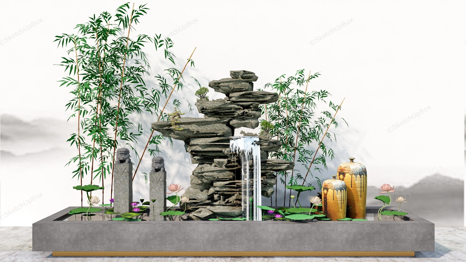 Chinese Rock Garden With Pond sketchup model preview - SketchupBox