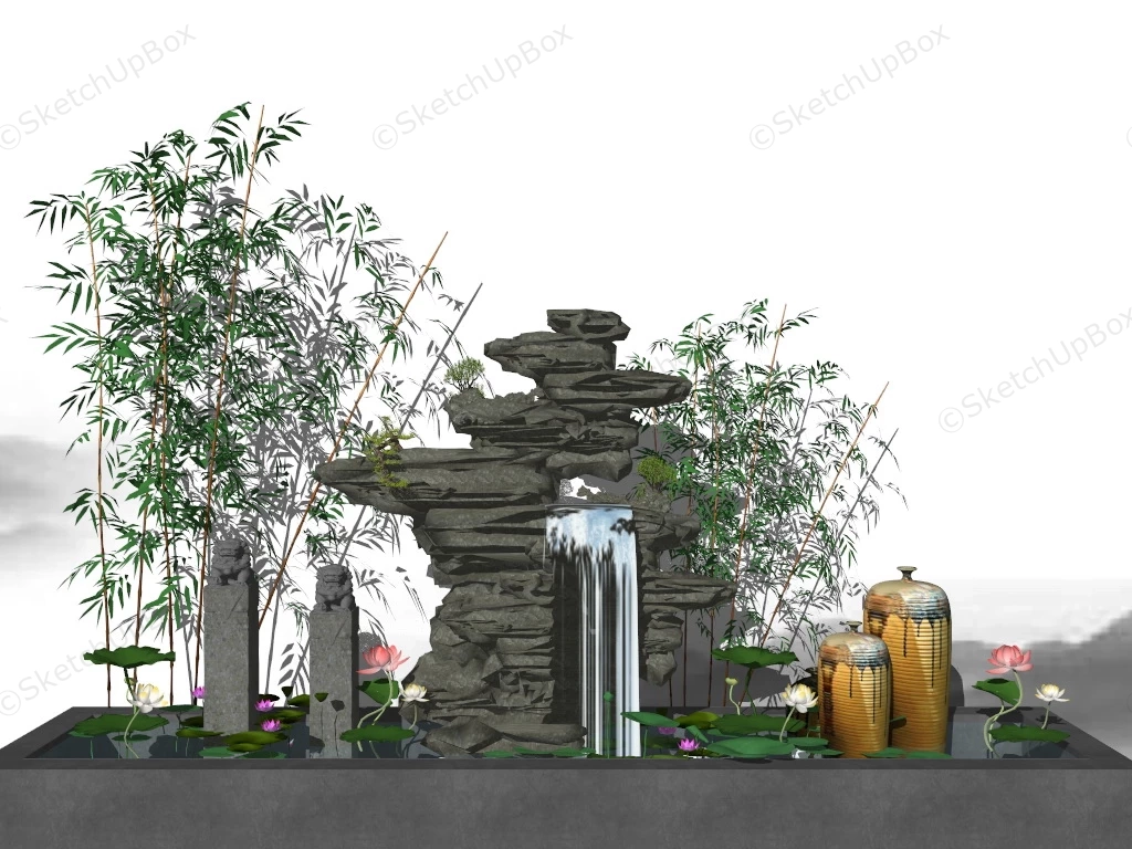 Chinese Rock Garden With Pond sketchup model preview - SketchupBox