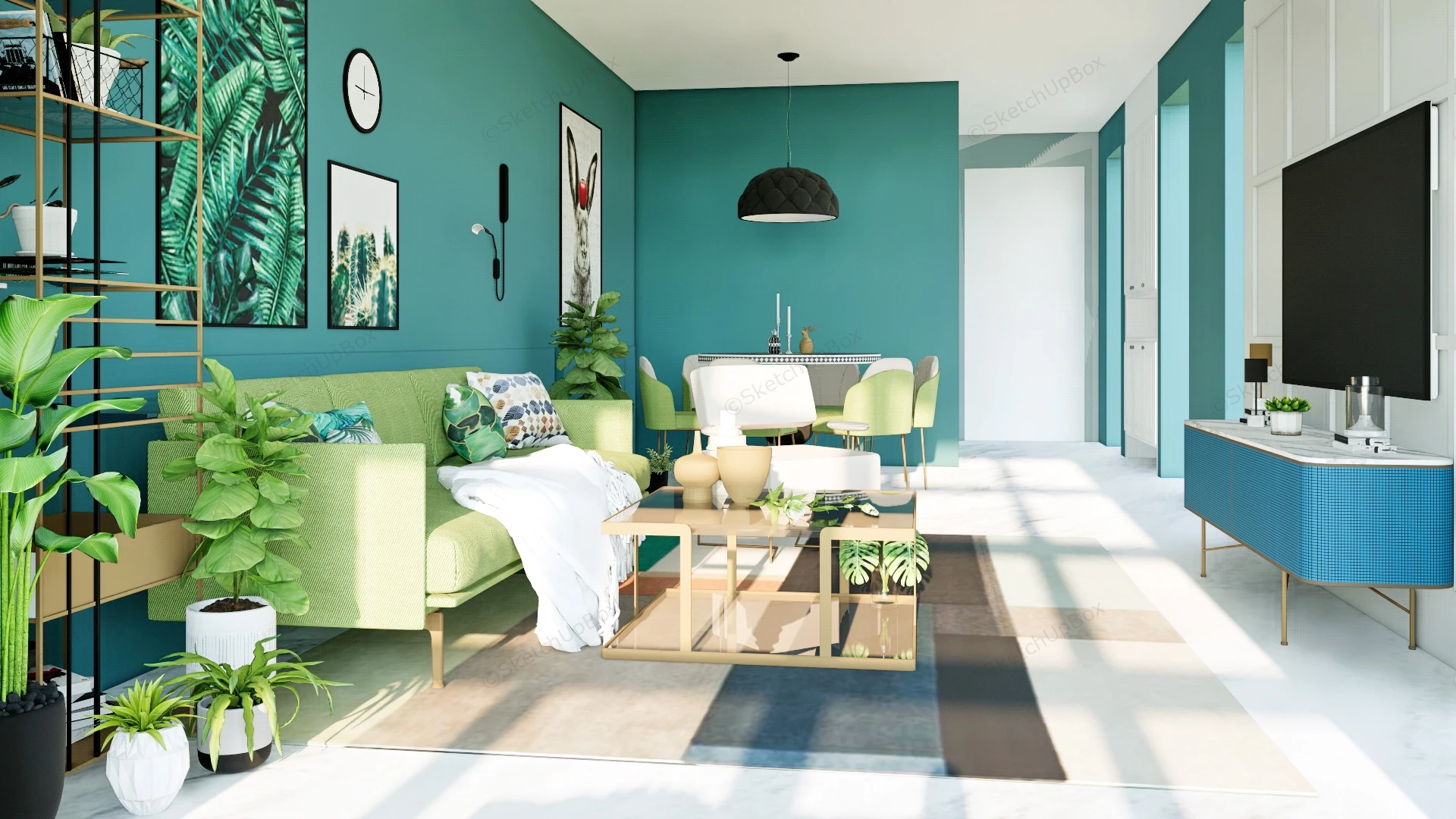 Blue And Green Living Room Dining Room Combo sketchup model preview - SketchupBox