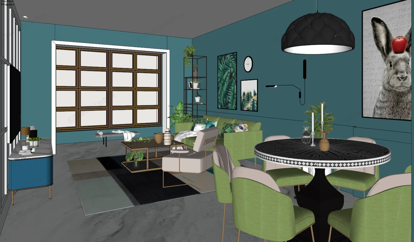 Blue And Green Living Room Dining Room Combo sketchup model preview - SketchupBox