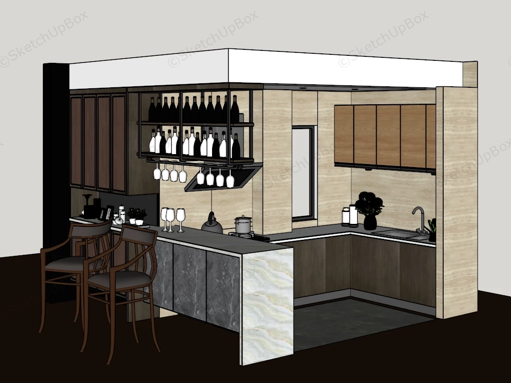 Kitchen With Home Bar Design sketchup model preview - SketchupBox