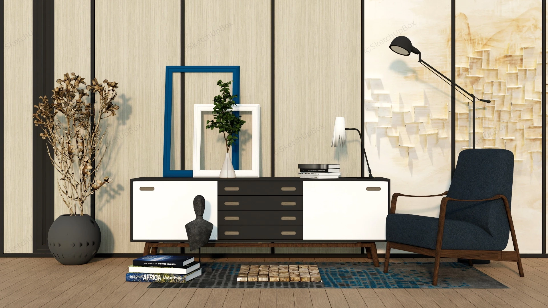 Living Room Accent Wall And Sideboard sketchup model preview - SketchupBox