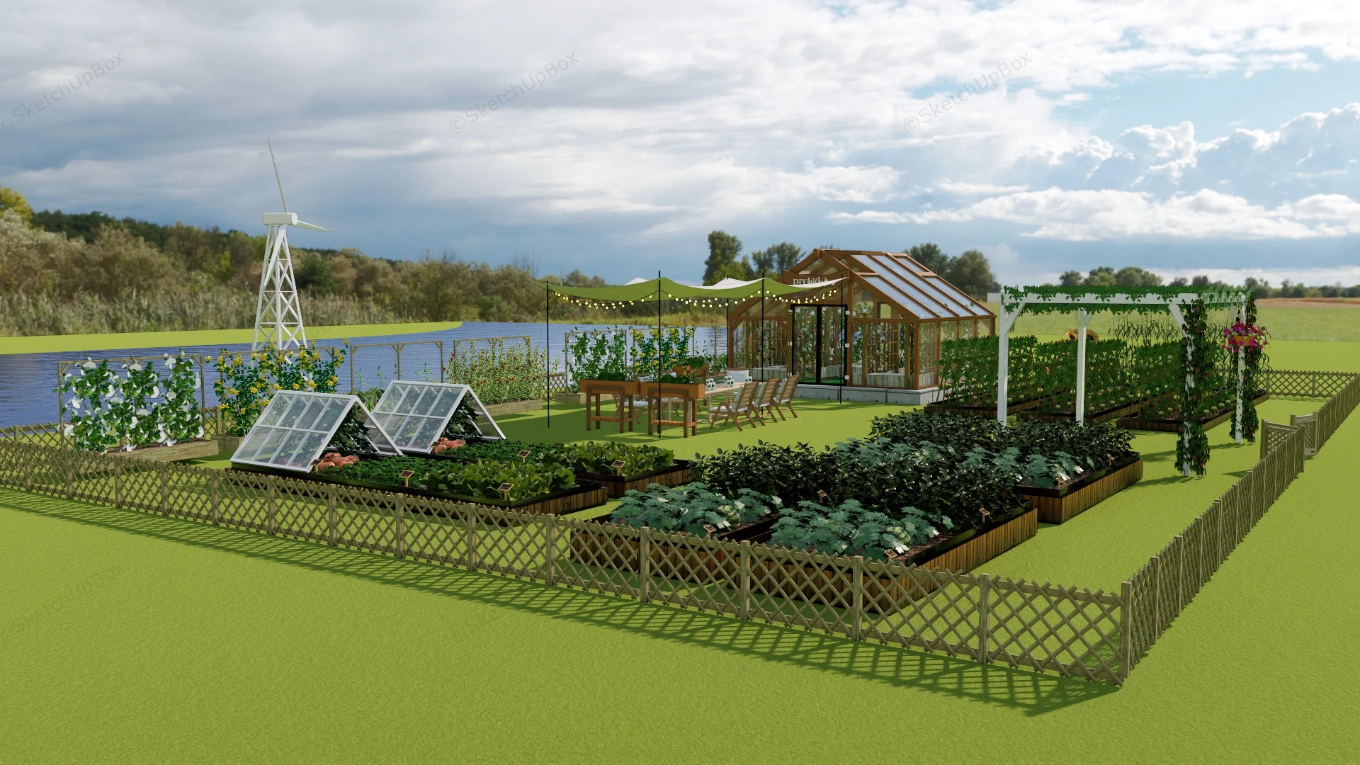 Vegetable Garden With Greenhouse And Fence sketchup model preview - SketchupBox