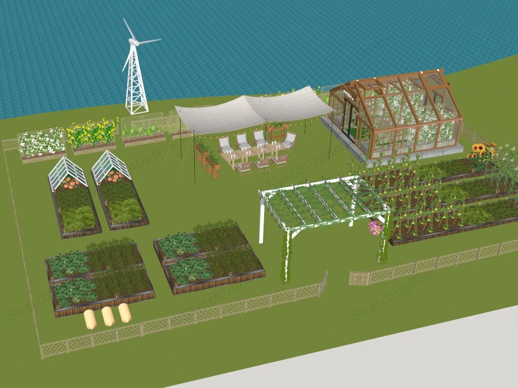 Vegetable Garden With Greenhouse And Fence sketchup model preview - SketchupBox