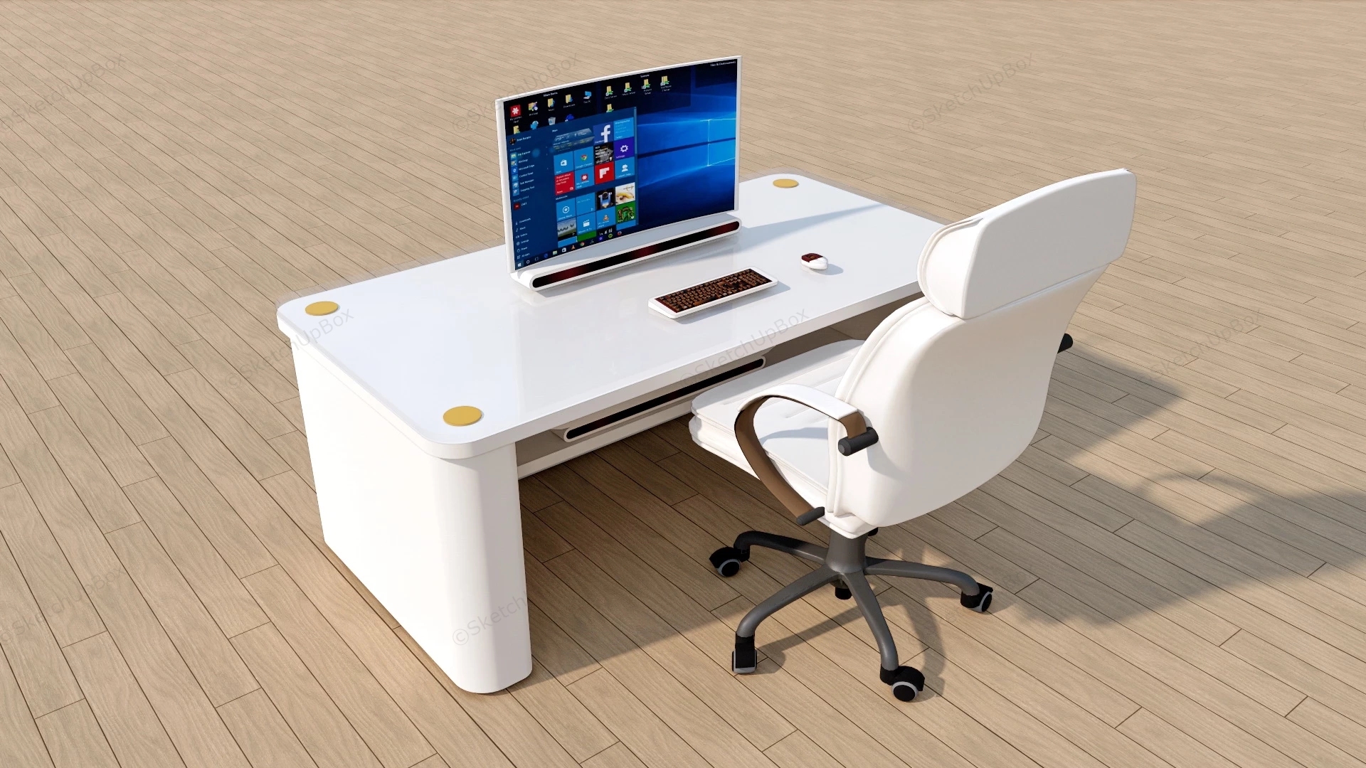 White Computer Desk And Chair Set sketchup model preview - SketchupBox