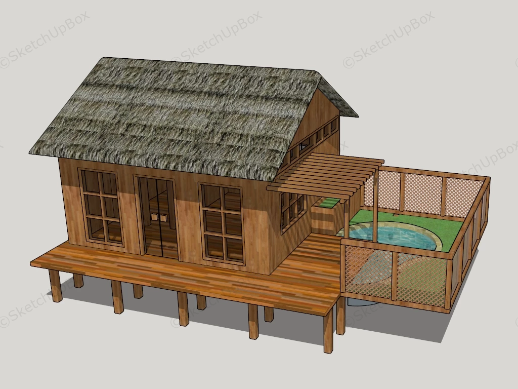 Tiny Log Cabin With Deck Pool sketchup model preview - SketchupBox