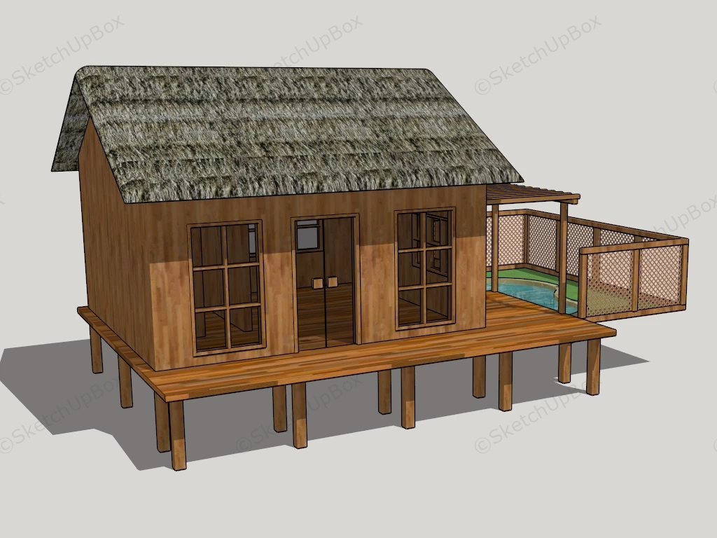 Tiny Log Cabin With Deck Pool sketchup model preview - SketchupBox